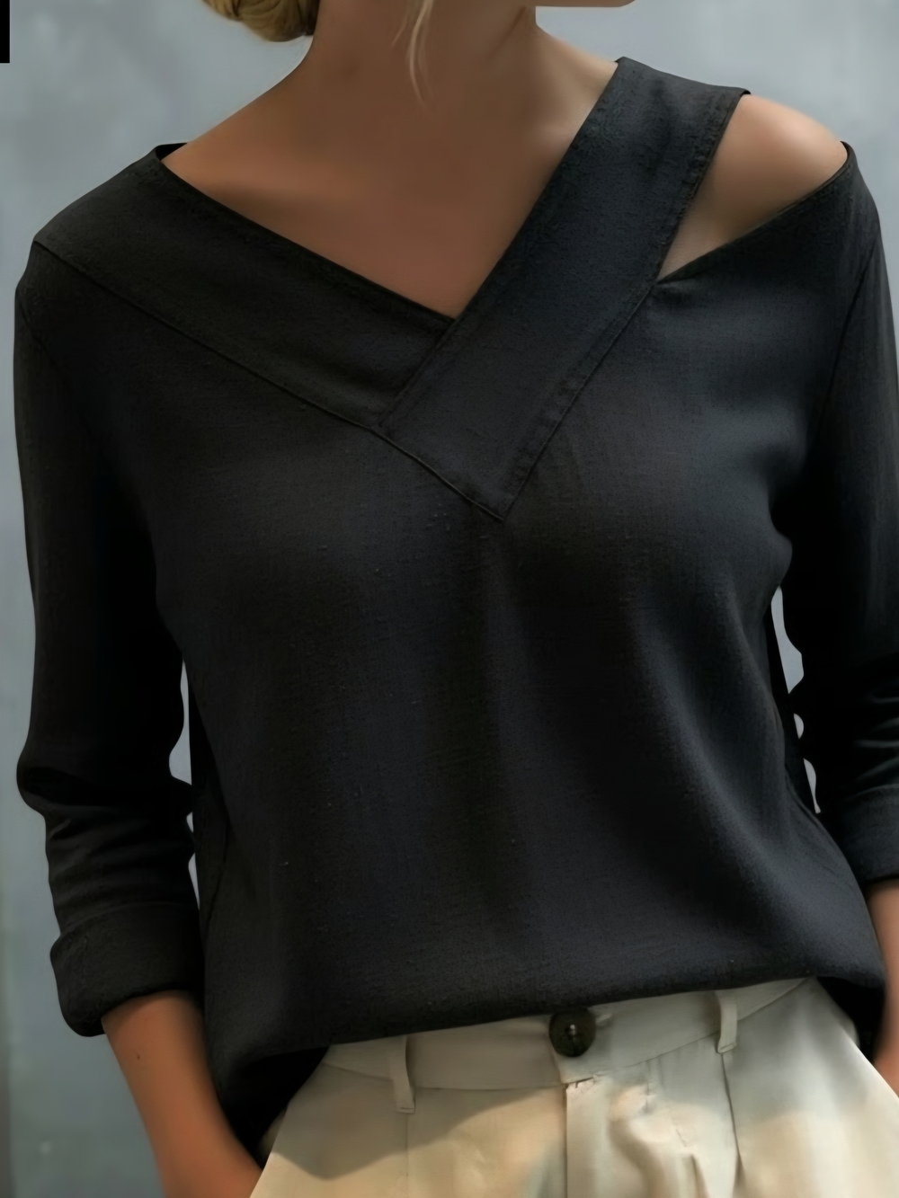 Asymmetrical Cutout Black Long Sleeve Top